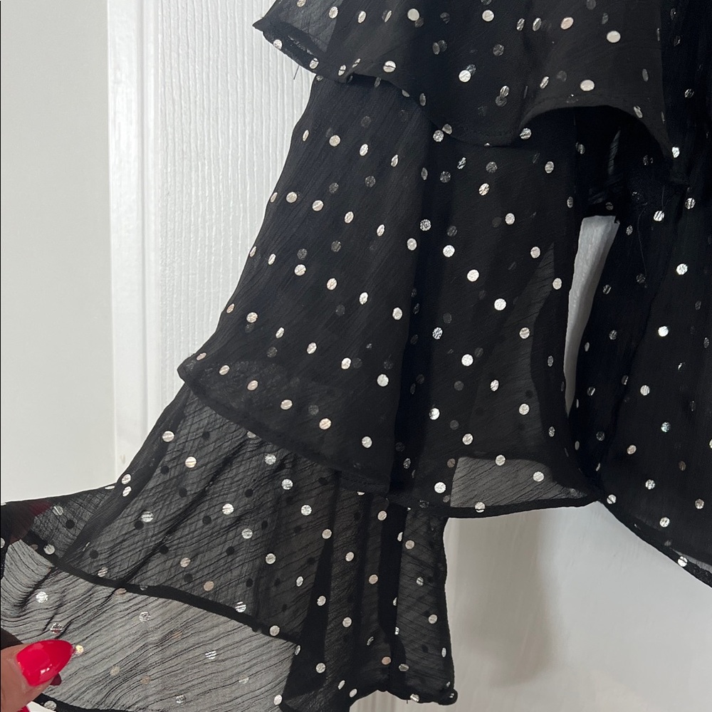 Elegant Black top with silver Polka Dot Ruffle Blouse - Picture 5 of 6